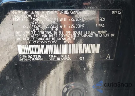 2015 Toyota Rav4 Le из США, поврежденный, VIN 2T3BFREV5FW298856